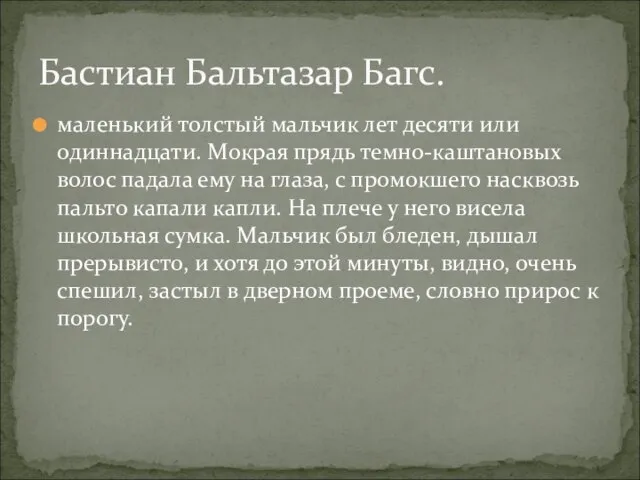 маленький толстый мальчик лет десяти или одиннадцати. Мокрая прядь темно-каштановых волос падала