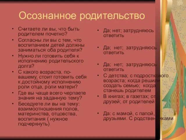 Осознанное родительство Считаете ли вы, что быть родителем почетно? Согласны ли вы