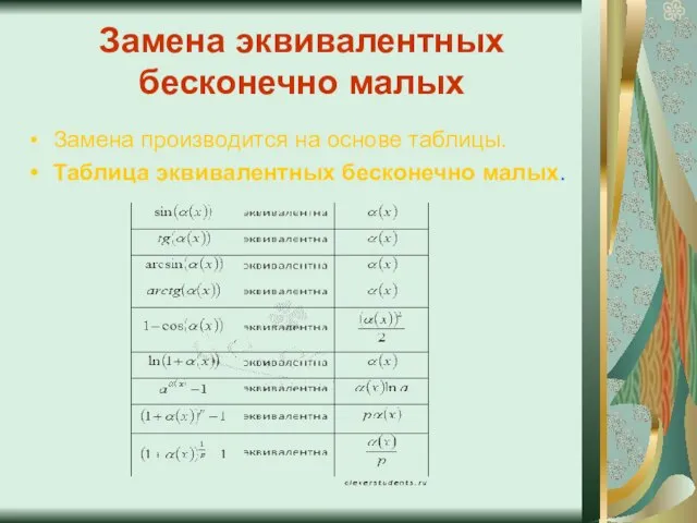 Замена эквивалентных бесконечно малых Замена производится на основе таблицы. Таблица эквивалентных бесконечно малых.