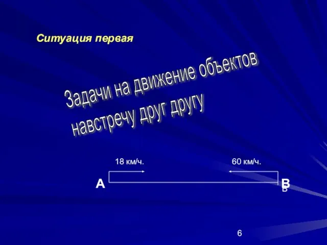 Задачи на движение объектов навстречу друг другу Ситуация первая А В В 18 км/ч. 60 км/ч.