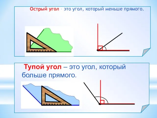 Острый угол – это угол, который меньше прямого. Тупой угол – это угол, который больше прямого.