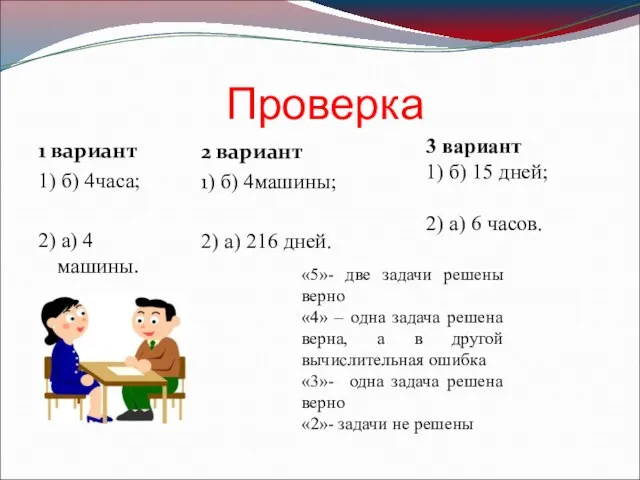 Проверка 1 вариант 1) б) 4часа; 2) а) 4 машины. 2 вариант