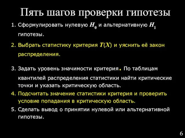 Пять шагов проверки гипотезы 1. Сформулировать нулевую H0 и альтернативную H1 гипотезы.