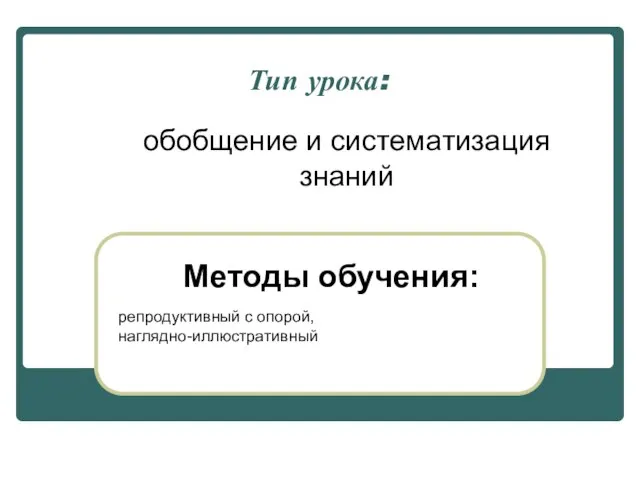 Тип урока: обобщение и систематизация знаний Методы обучения: репродуктивный с опорой, наглядно-иллюстративный