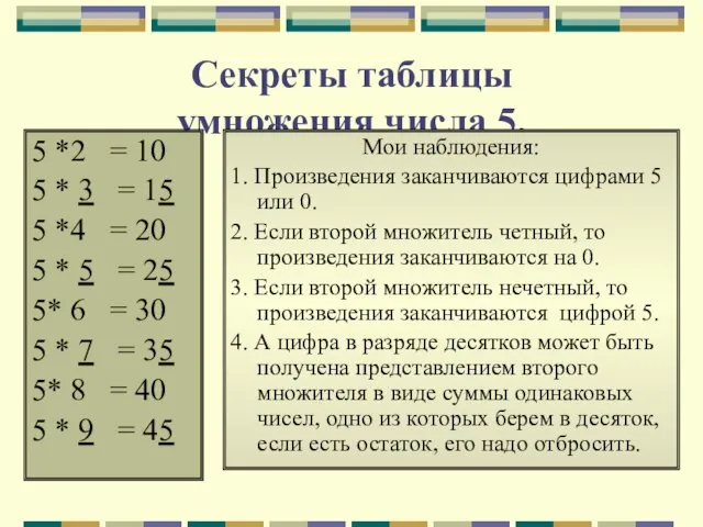 Секреты таблицы умножения числа 5. 5 *2 = 10 5 * 3