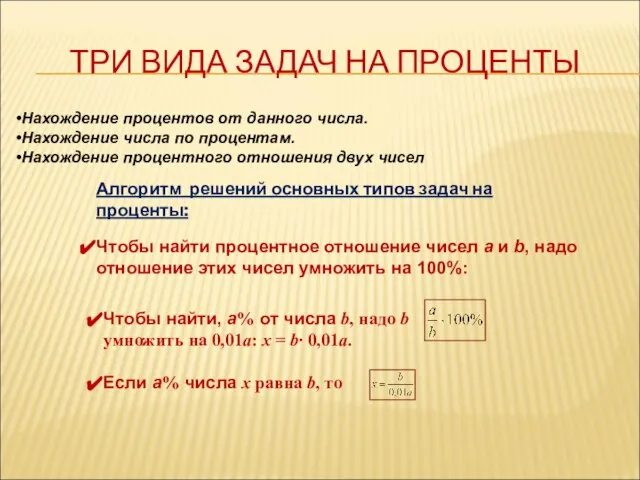 ТРИ ВИДА ЗАДАЧ НА ПРОЦЕНТЫ Нахождение процентов от данного числа. Нахождение числа