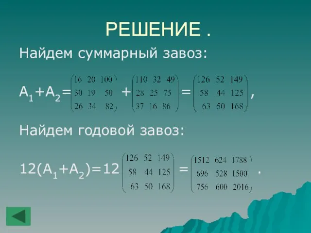 РЕШЕНИЕ . Найдем суммарный завоз: A1+A2= + = , Найдем годовой завоз: 12(A1+A2)=12 = .