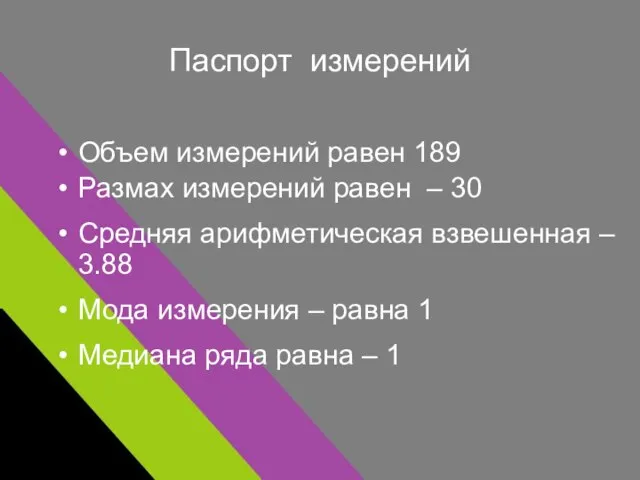 Паспорт измерений Объем измерений равен 189 Размах измерений равен – 30 Средняя