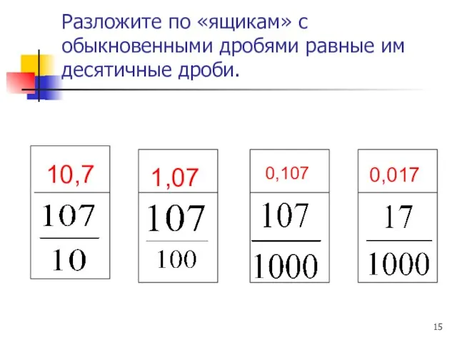 Разложите по «ящикам» с обыкновенными дробями равные им десятичные дроби. 10,7 1,07 0,107 0,017