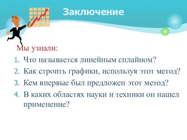 Мы узнали: Что называется линейным сплайном? Как строить графики, используя этот метод?