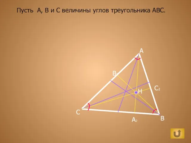 A B C H А2 В2 С2 Пусть А, В и С величины углов треугольника АВС.