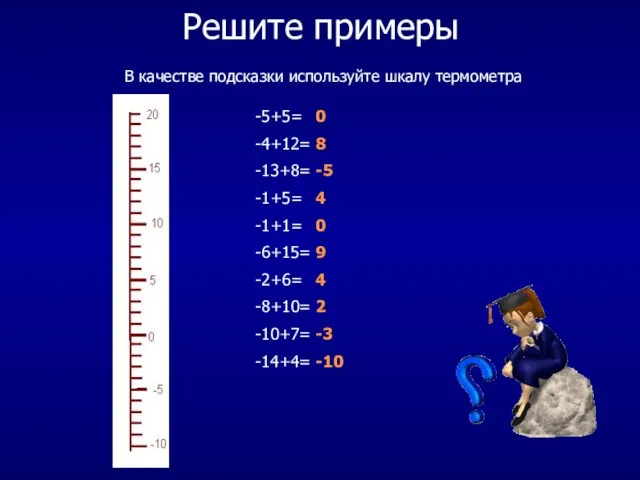 Решите примеры В качестве подсказки используйте шкалу термометра -5+5= -4+12= -13+8= -1+5=