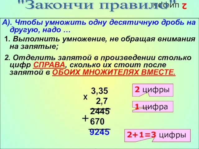 2 цифры А). Чтобы умножить одну десятичную дробь на другую, надо …