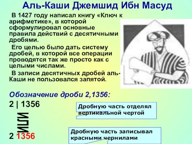 Аль-Каши Джемшид Ибн Масуд В 1427 году написал книгу «Ключ к арифметике»,