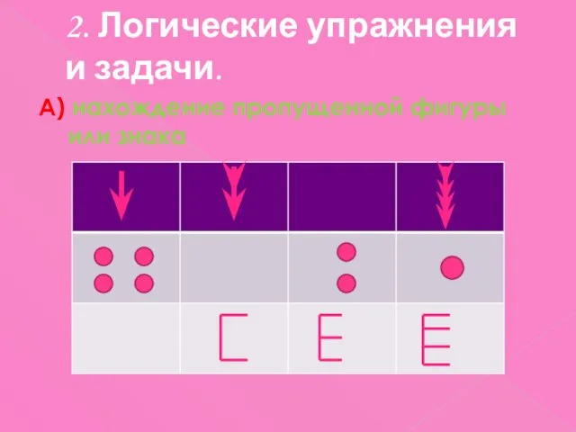 2. Логические упражнения и задачи. А) нахождение пропущенной фигуры или знака