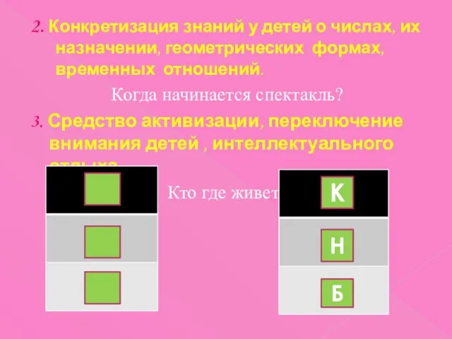 2. Конкретизация знаний у детей о числах, их назначении, геометрических формах, временных