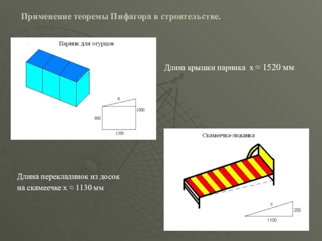 Длина крышки парника х ≈ 1520 мм Применение теоремы Пифагора в строительстве.