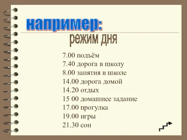 например: режим дня 7.00 подъём 7.40 дорога в школу 8.00 занятия в