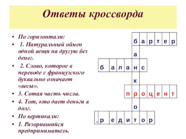 Ответы кроссворда По горизонтали: 1. Натуральный обмен одной вещи на другую без