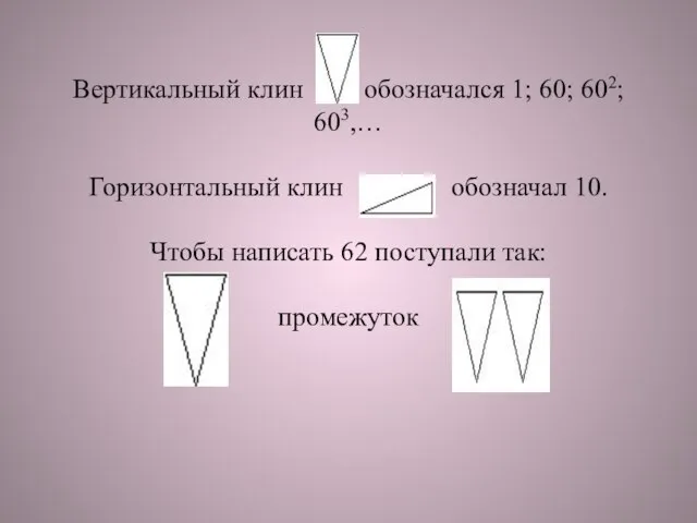 Вертикальный клин обозначался 1; 60; 602; 603,… Горизонтальный клин обозначал 10. Чтобы