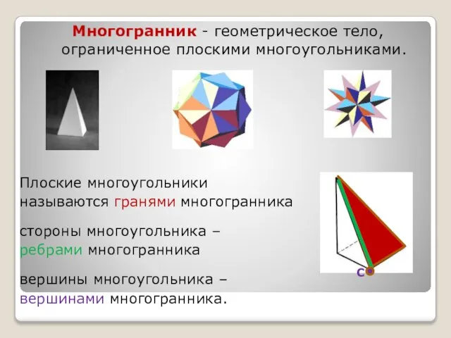 Многогранник - геометрическое тело, ограниченное плоскими многоугольниками. Плоские многоугольники называются гранями многогранника