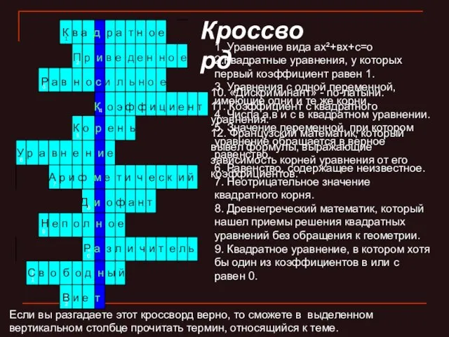 Кроссворд 1. Уравнение вида ах²+вх+с=о 2.Квадратные уравнения, у которых первый коэффициент равен