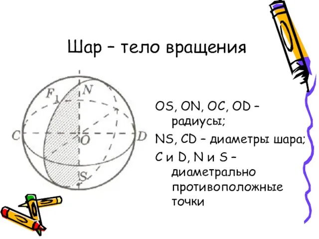 Шар – тело вращения OS, ON, OC, OD – радиусы; NS, CD