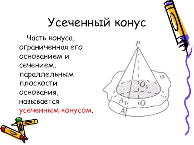 Усеченный конус Часть конуса, ограниченная его основанием и сечением, параллельным плоскости основания, называется усеченным конусом.