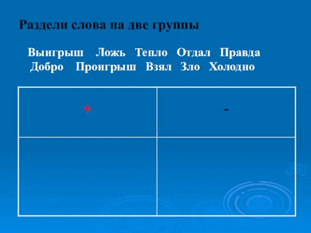 Раздели слова на две группы Выигрыш Ложь Тепло Отдал Правда Добро Проигрыш Взял Зло Холодно