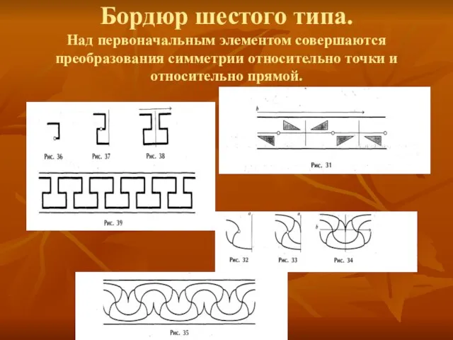 Бордюр шестого типа. Над первоначальным элементом совершаются преобразования симметрии относительно точки и относительно прямой.