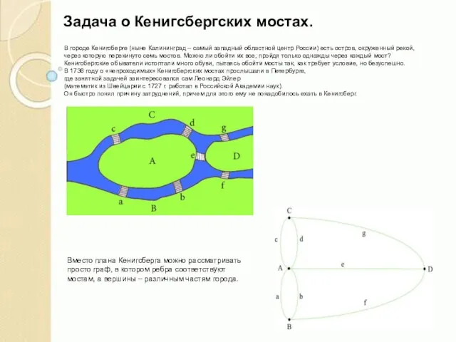 Задача о Кенигсбергских мостах. В городе Кенигсберге (ныне Калининград – самый западный