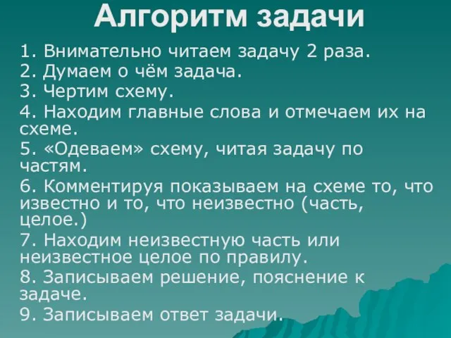 Алгоритм задачи 1. Внимательно читаем задачу 2 раза. 2. Думаем о чём