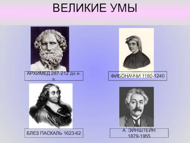 ВЕЛИКИЕ УМЫ А. ЭЙНШТЕЙН 1879-1955 БЛЕЗ ПАСКАЛЬ 1623-62 АРХИМЕД 287-212 до н.э. ФИБОНАЧЧИ 1180-1240