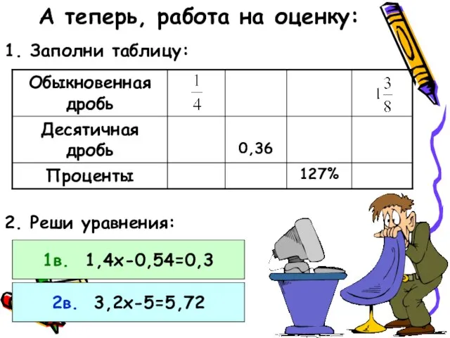 А теперь, работа на оценку: 1. Заполни таблицу: 2. Реши уравнения: 1в. 1,4х-0,54=0,3 2в. 3,2х-5=5,72