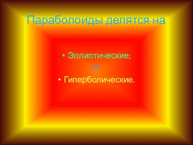 Параболоиды делятся на Эллиптические; И Гиперболические.