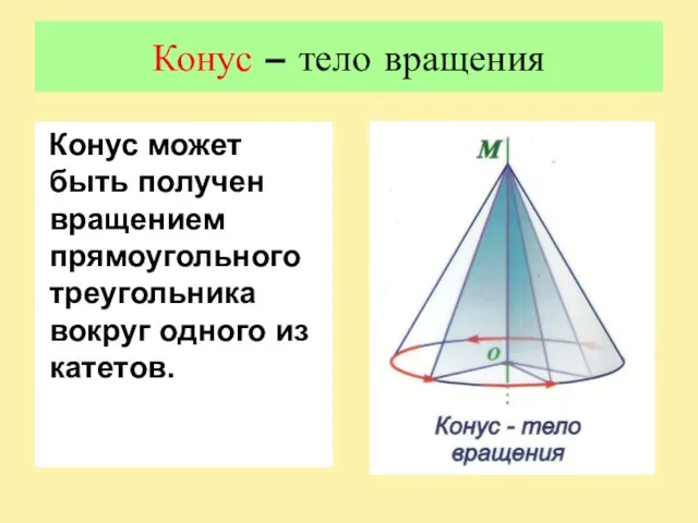 Конус – тело вращения Конус может быть получен вращением прямоугольного треугольника вокруг одного из катетов.