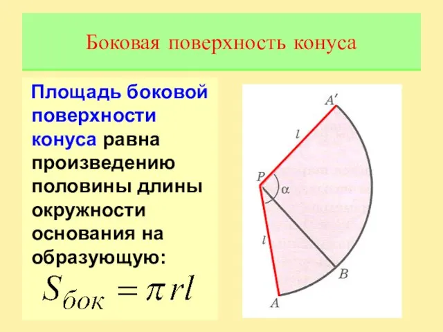 Площадь боковой поверхности конуса равна произведению половины длины окружности основания на образующую: Боковая поверхность конуса