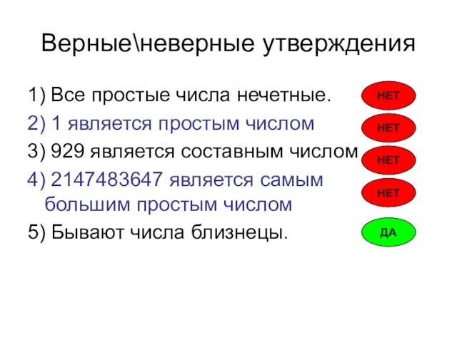 Верные\неверные утверждения 1) Все простые числа нечетные. 2) 1 является простым числом