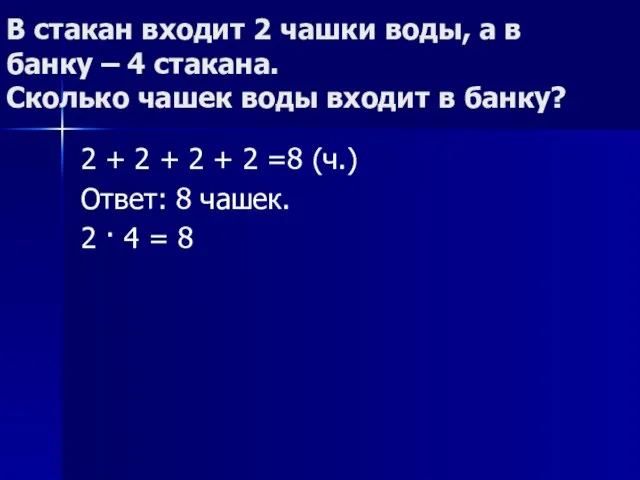 В стакан входит 2 чашки воды, а в банку – 4 стакана.