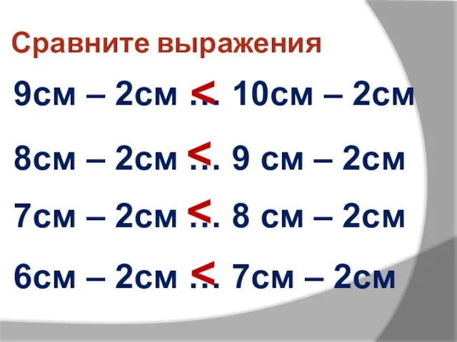 Сравните выражения 9см – 2см … 10см – 2см 8см – 2см