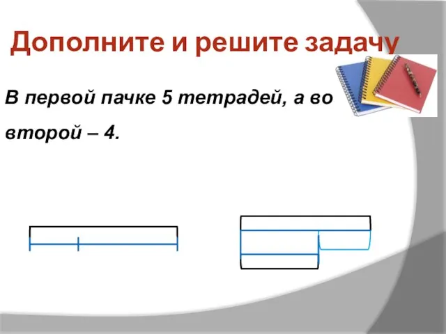 Дополните и решите задачу В первой пачке 5 тетрадей, а во второй – 4.