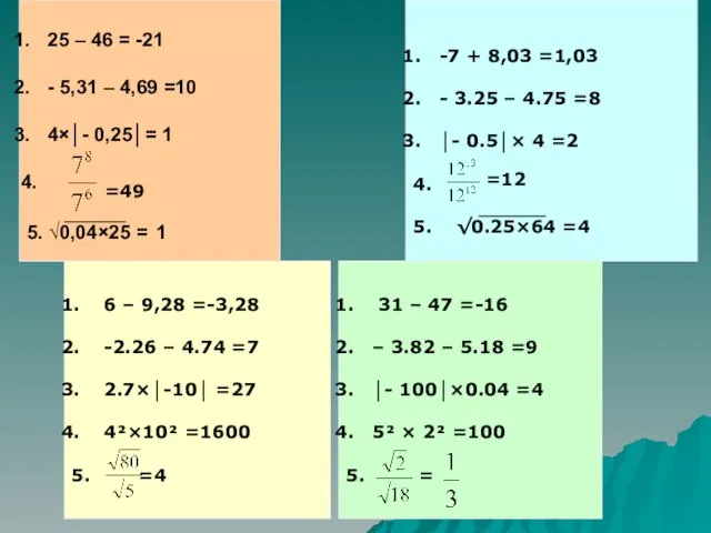 25 – 46 = -21 - 5,31 – 4,69 =10 4×│- 0,25│=