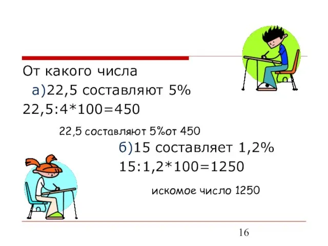 От какого числа а)22,5 составляют 5% 22,5:4*100=450 б)15 составляет 1,2% 15:1,2*100=1250 22,5