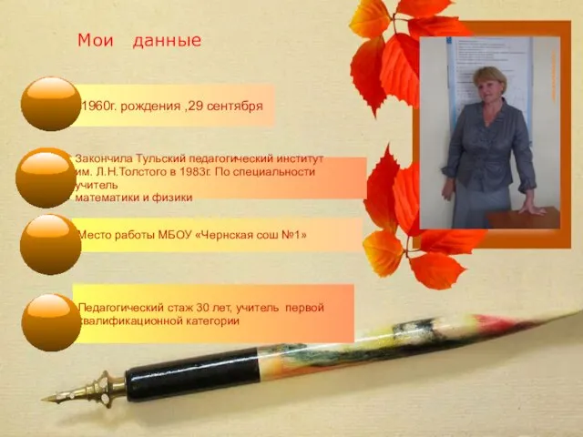 Мои данные 11960г. рождения ,29 сентября Педагогический стаж 30 лет, учитель первой