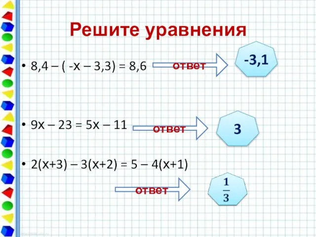 Решите уравнения 8,4 – ( -х – 3,3) = 8,6 9х –