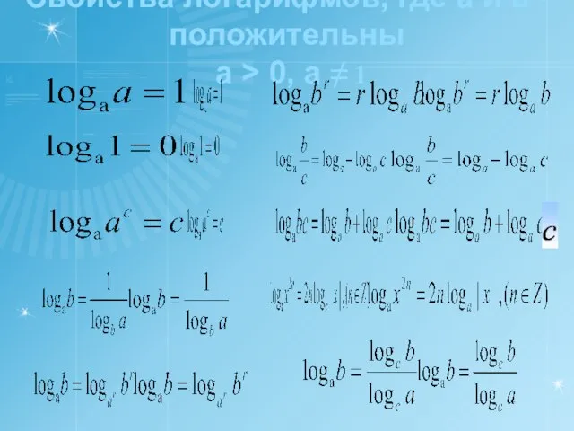 Свойства логарифмов, где а и в - положительны а > 0, а ≠ 1