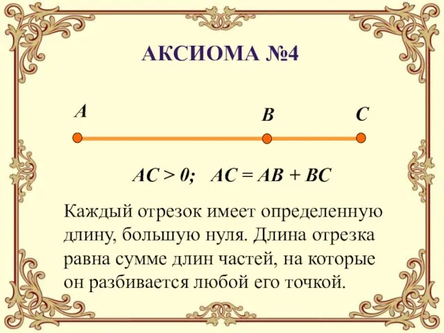 Каждый отрезок имеет определенную длину, большую нуля. Длина отрезка равна сумме длин