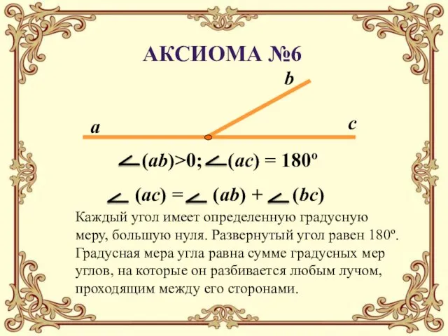 Каждый угол имеет определенную градусную меру, большую нуля. Развернутый угол равен 180º.