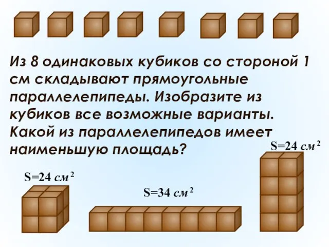 Из 8 одинаковых кубиков со стороной 1 см складывают прямоугольные параллелепипеды. Изобразите