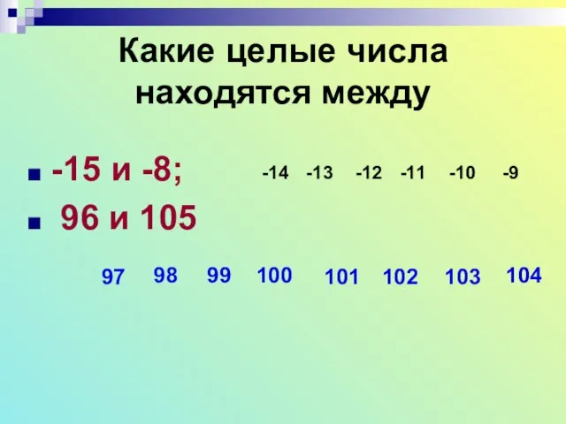 Какие целые числа находятся между -15 и -8; 96 и 105 -14